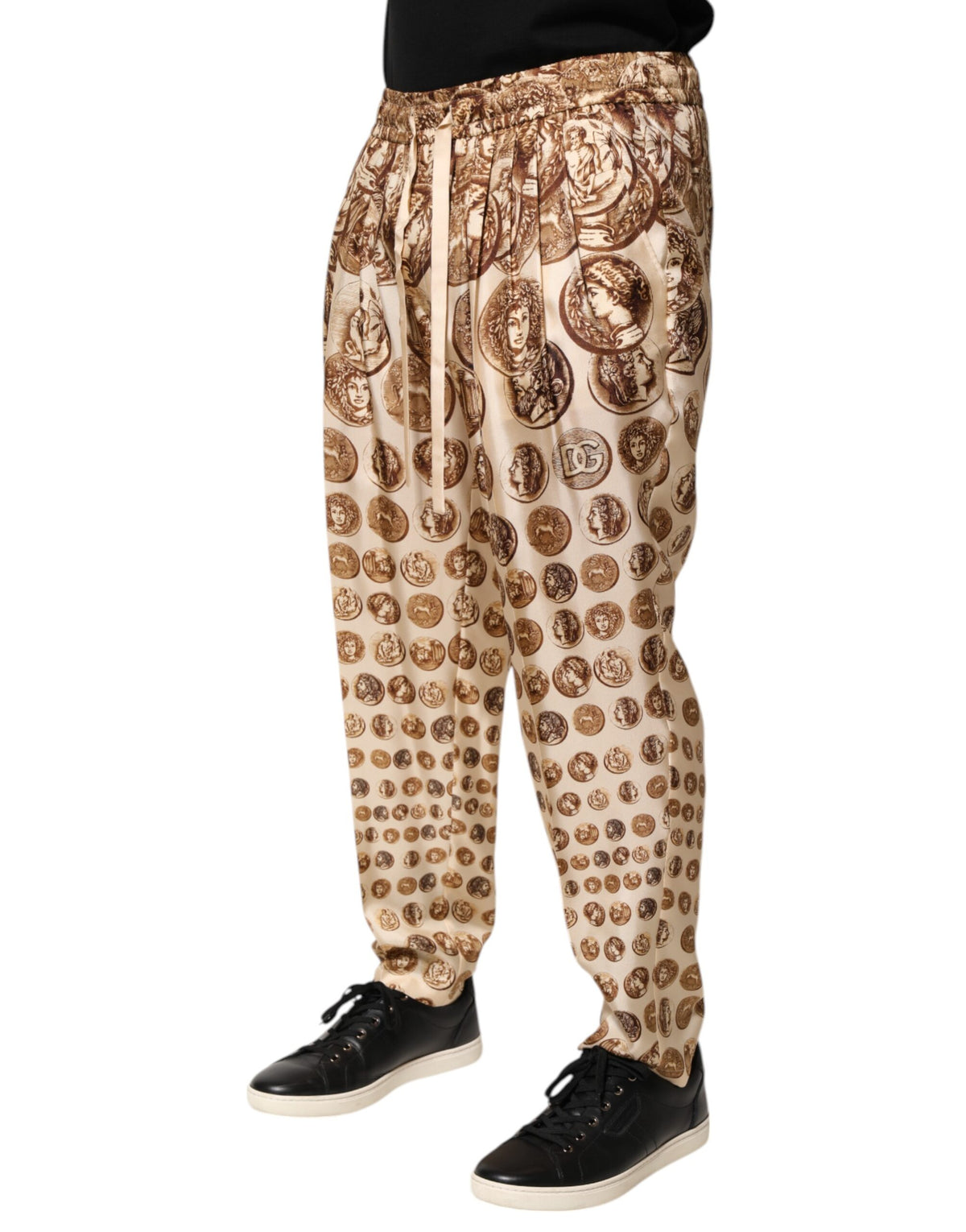 Dolce & Gabbana Beige Coin Print Silk Twill Men Jogger Pants