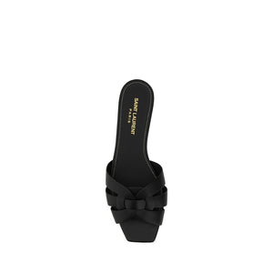 Saint Laurent Black Calf Leather Bos Taurus Flat Sandals