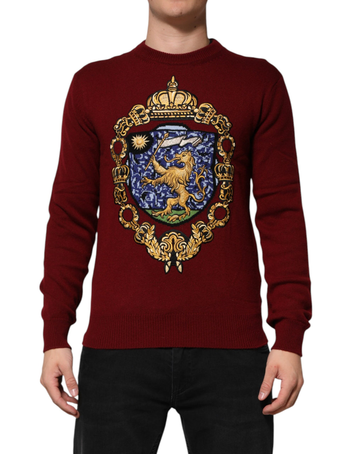 Dolce & Gabbana Burgundy Cashmere Lion Crest Pullover Sweater