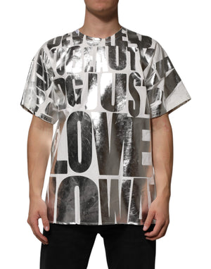 Dolce & Gabbana White Cotton Silver Metallic Slogan Print T-shirt