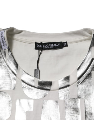 Dolce & Gabbana White Cotton Silver Metallic Slogan Print T-shirt