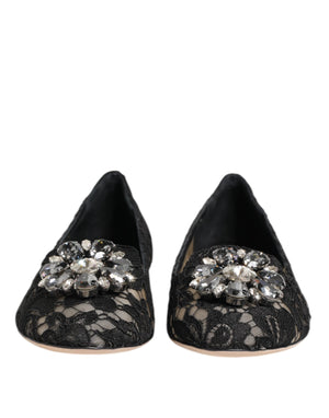 Dolce & Gabbana Black Taormina Lace Crystals Flats Shoes