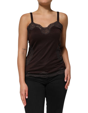 Dolce & Gabbana Dark Brown Lace Trim Wool Sleeveless Tank Top