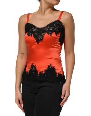 Dolce & Gabbana Red Black Lace Trim Silk Sleeveless Tank Top