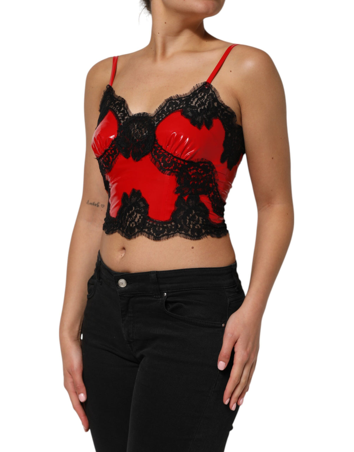 Dolce & Gabbana Red Black Lace Trim Polyester Sleeveless Tank Top