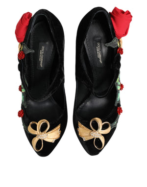 Dolce & Gabbana Black Roses Crystal Brooch Mary Jane Shoes