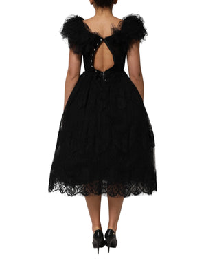 Dolce & Gabbana Black Crystal Embellished Midi A-line Dress