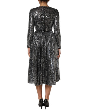 Dolce & Gabbana Black Sequined Long Sleeves Midi A-line  Dress