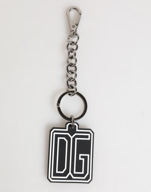Dolce & Gabbana Black White DG Rubber Logo Silver Men Keychain Keyring