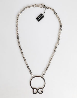 Dolce & Gabbana Silver Tone Brass Chain DG Logo Pendant Men Necklace