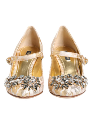 Dolce & Gabbana Gold Jacquard Crystal Mary Janes Pumps Shoes