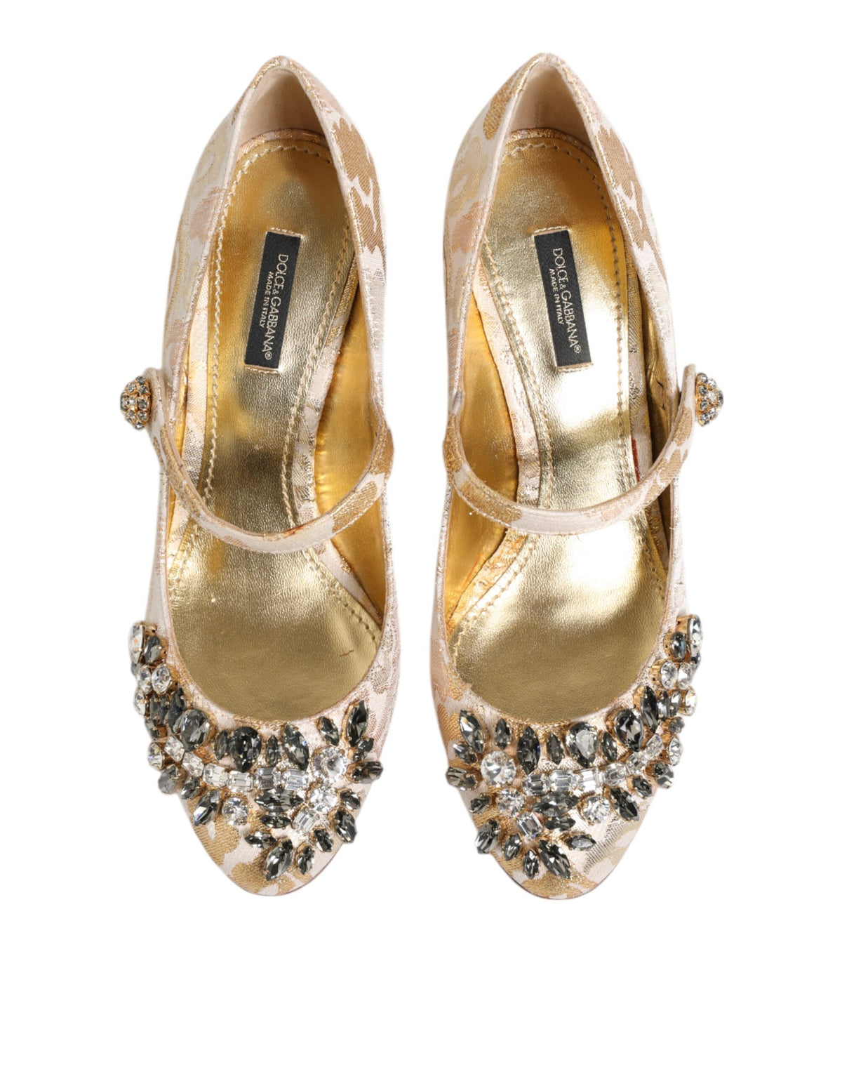 Dolce & Gabbana Gold Jacquard Crystal Mary Janes Pumps Shoes