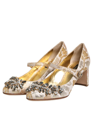 Dolce & Gabbana Gold Jacquard Crystal Mary Janes Pumps Shoes