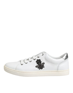 Dolce & Gabbana White Crown Bee Leather Low Top Sneakers Shoes