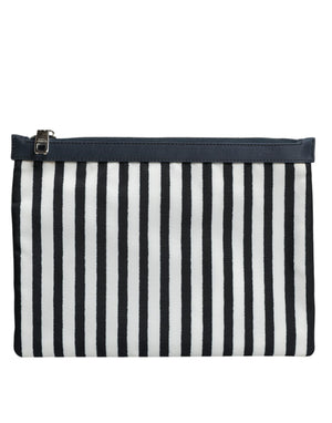 Dolce & Gabbana Black White Striped Logo Plaque Clutch Pouch Bag