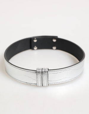 Dolce & Gabbana Silver Textured Leather Gold Tone Metal Neckband