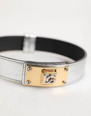 Dolce & Gabbana Silver Textured Leather Gold Tone Metal Neckband