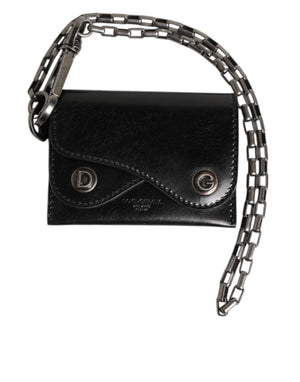 Dolce & Gabbana Black Cavallo Leather Wallet Chain Snap Bifold Card Holder