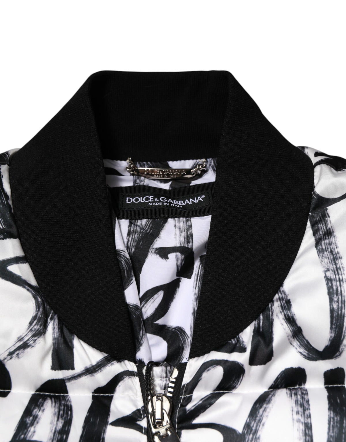 Dolce & Gabbana White Black Graffiti Logo Puffer Bomber Jacket