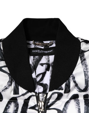 Dolce & Gabbana White Black Graffiti Logo Puffer Bomber Jacket