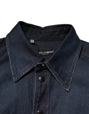 Dolce & Gabbana Blue Denim Button Casual Logo Patch Men Shirt