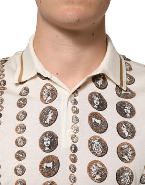 Dolce & Gabbana Silk Ivory Coin Print Logo Men Polo T-shirt