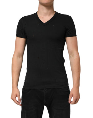 Dolce & Gabbana Black Cotton Tattered Logo V-Neck Men T-shirt
