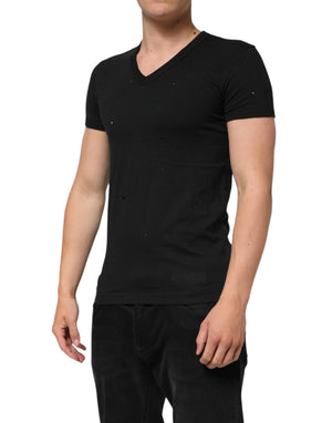 Dolce & Gabbana Black Cotton Tattered Logo V-Neck Men T-shirt