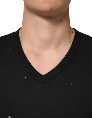 Dolce & Gabbana Black Cotton Tattered Logo V-Neck Men T-shirt