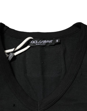 Dolce & Gabbana Black Cotton Tattered Logo V-Neck Men T-shirt
