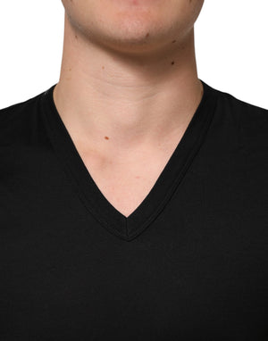Dolce & Gabbana Black Cotton Plain V-Neck Men Shirt T-shirt