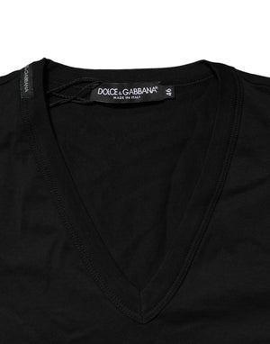 Dolce & Gabbana Black Cotton Plain V-Neck Men Shirt T-shirt