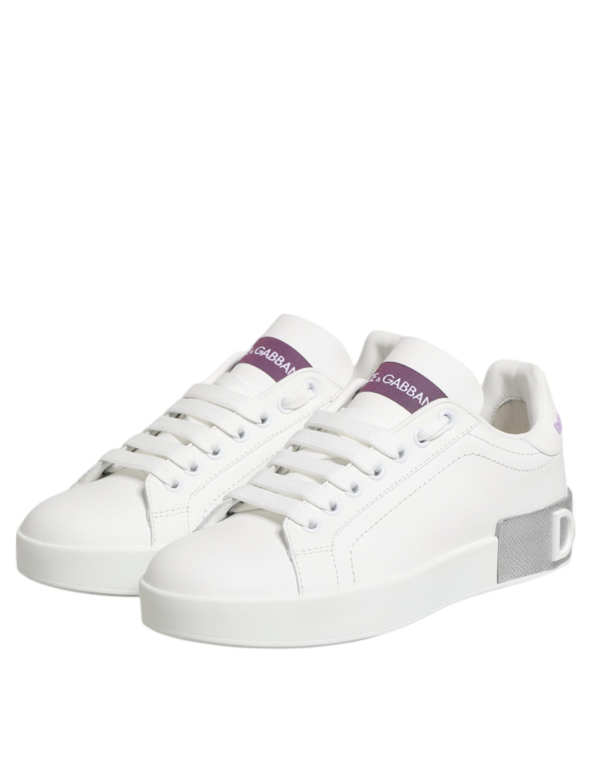 Dolce & Gabbana White Purple Leather Low Top Sneakers Shoes