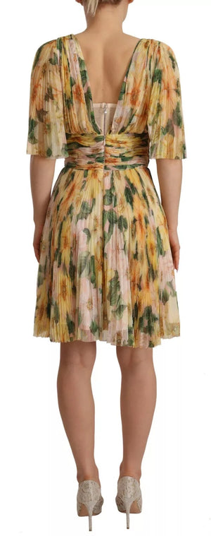 Dolce & Gabbana Yellow Floral Print Pleated Maxi Dress