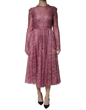 Dolce & Gabbana Pink Floral Lace Long Sleeve Midi Dress