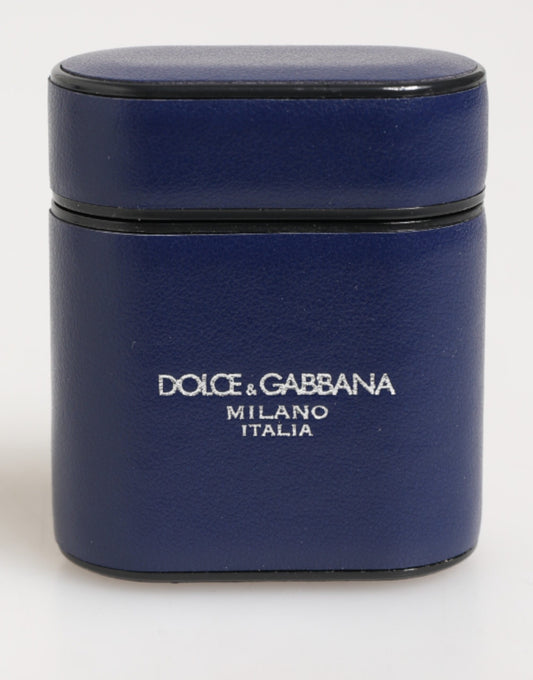 Dolce & Gabbana Blue Leather Logo Print Flip Holder Men Airpods Case