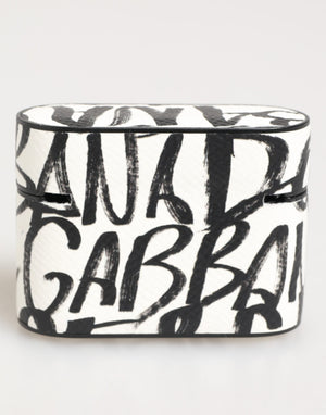 Dolce & Gabbana Black White Leather Monogram Print Logo Holder Airpods Case