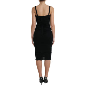 Dolce & Gabbana Black Wool Sleeveless Rose Applique Dress