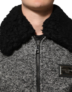 Dolce & Gabbana Gray Wool Herringbone Shearling Collar Bomber Jacket