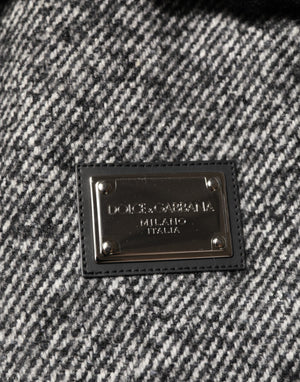 Dolce & Gabbana Gray Wool Herringbone Shearling Collar Bomber Jacket