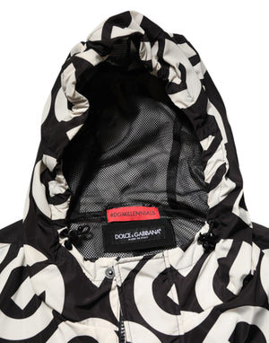 Dolce & Gabbana Black White Logo Print Hooded Coat Men Jacket