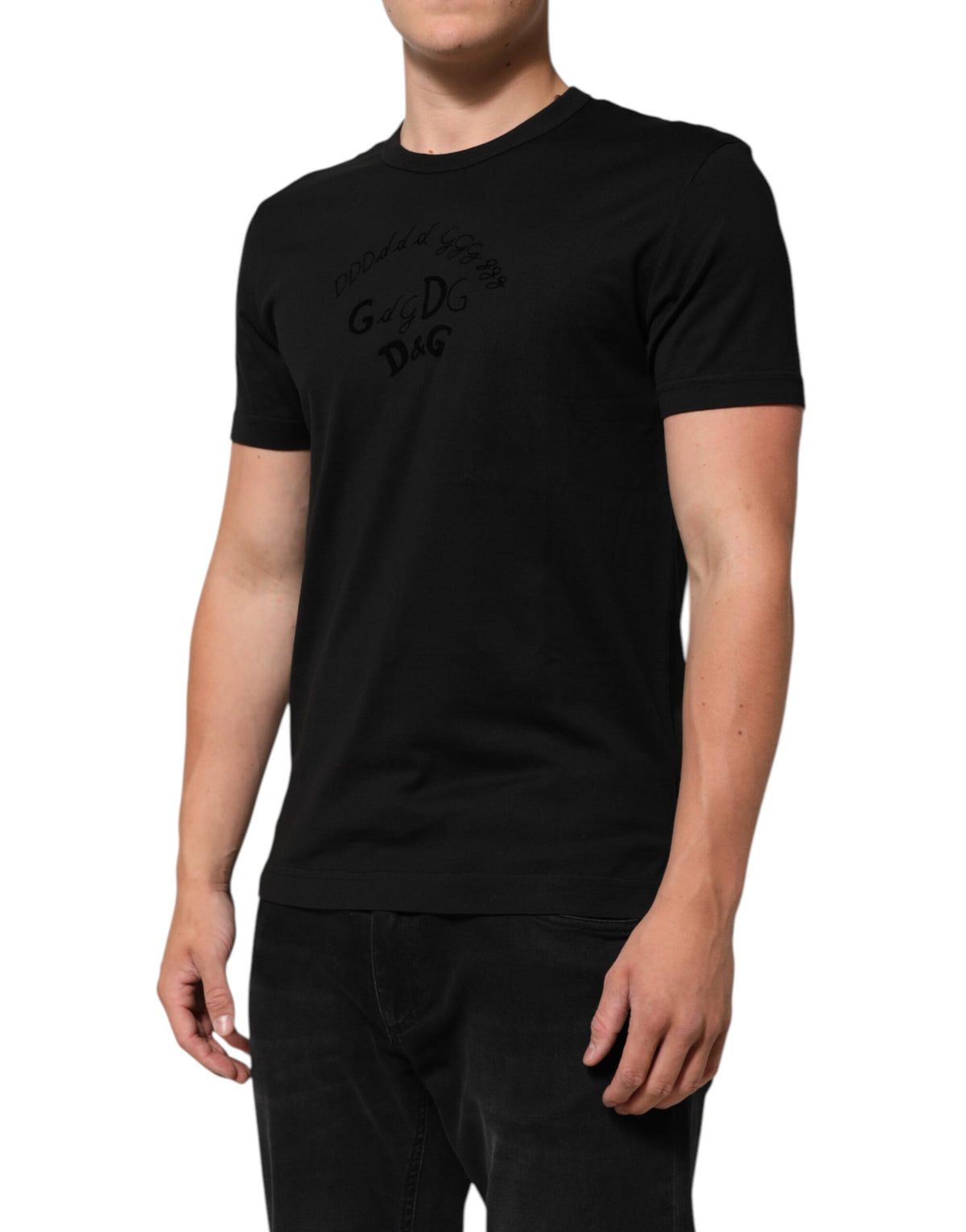 Dolce & Gabbana Black Cotton Velvet Logo Print Men T-shirt