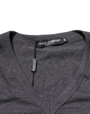 Dolce & Gabbana Grey Cotton V-Neck Logo Plaque Melange T-Shirt