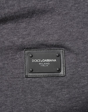 Dolce & Gabbana Grey Cotton V-Neck Logo Plaque Melange T-Shirt