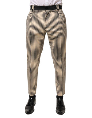 Dolce & Gabbana Beige Black Striped Cotton Slim Fit Trousers Pants