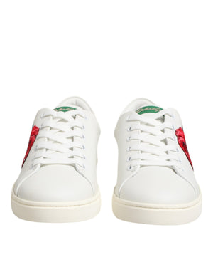 Dolce & Gabbana White Leather Rose Embroidery Low-Top  Shoes