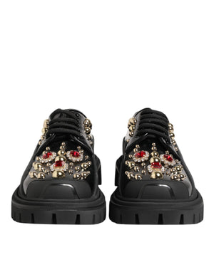 Dolce & Gabbana Black Leather Jeweled Crystals Derby Shoes
