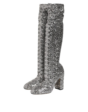 Dolce & Gabbana Shoes Silver Sequins Glitter High Heel Boot Shoes