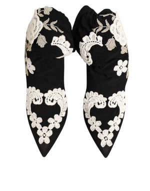 Dolce & Gabbana Black White Embroidered Jersey Stiletto Boots Shoes