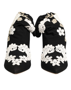 Dolce & Gabbana Black White Embroidered Jersey Stiletto Boots Shoes